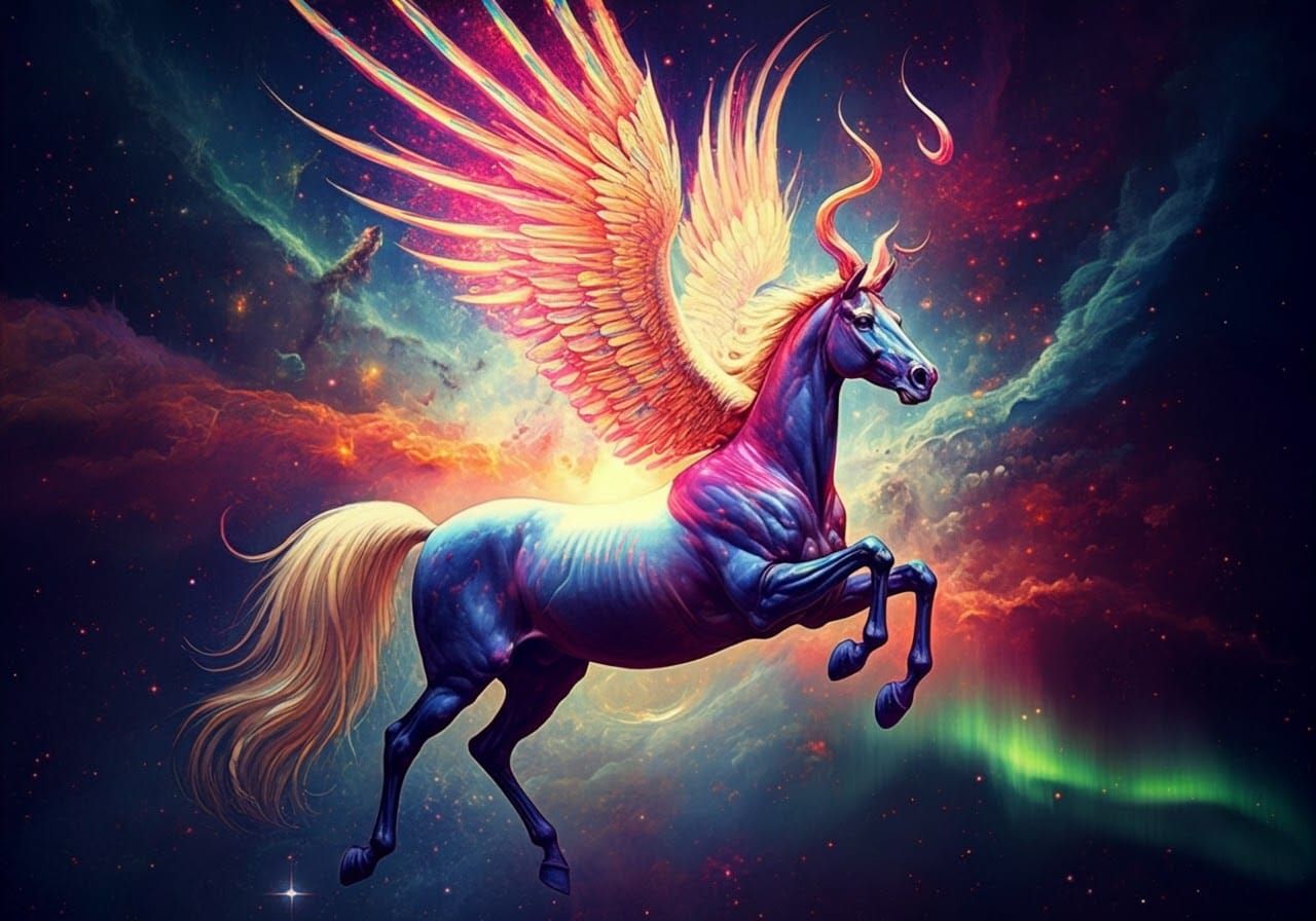 Flying Centaur in Psychedelic Sci-Fi Sky