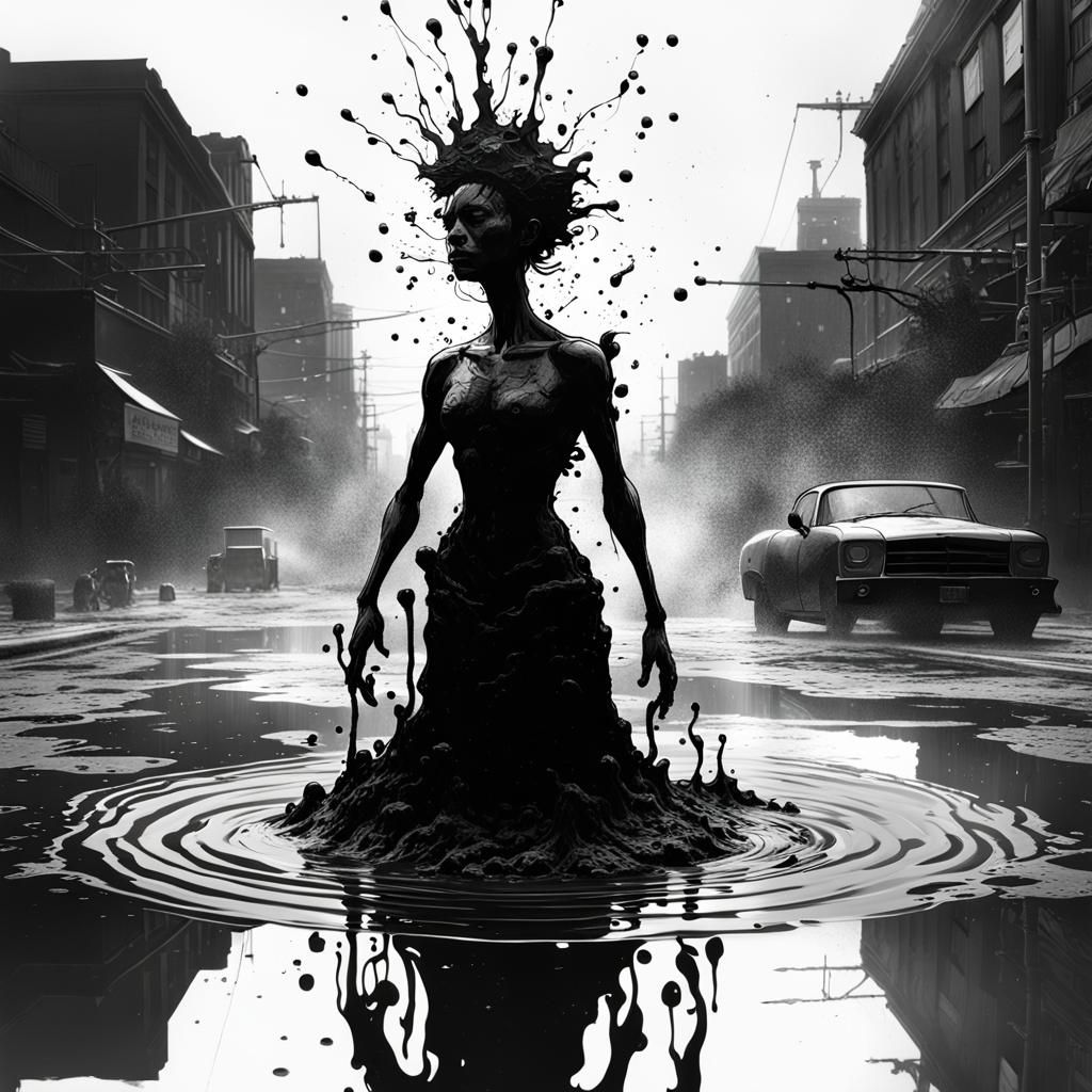 Silhouette Rising from Oily Void in Mixed Media Style