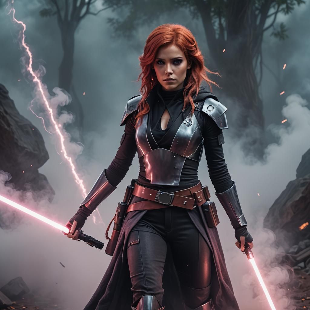 Woman with Glowing Eyes in Dramatic Fog