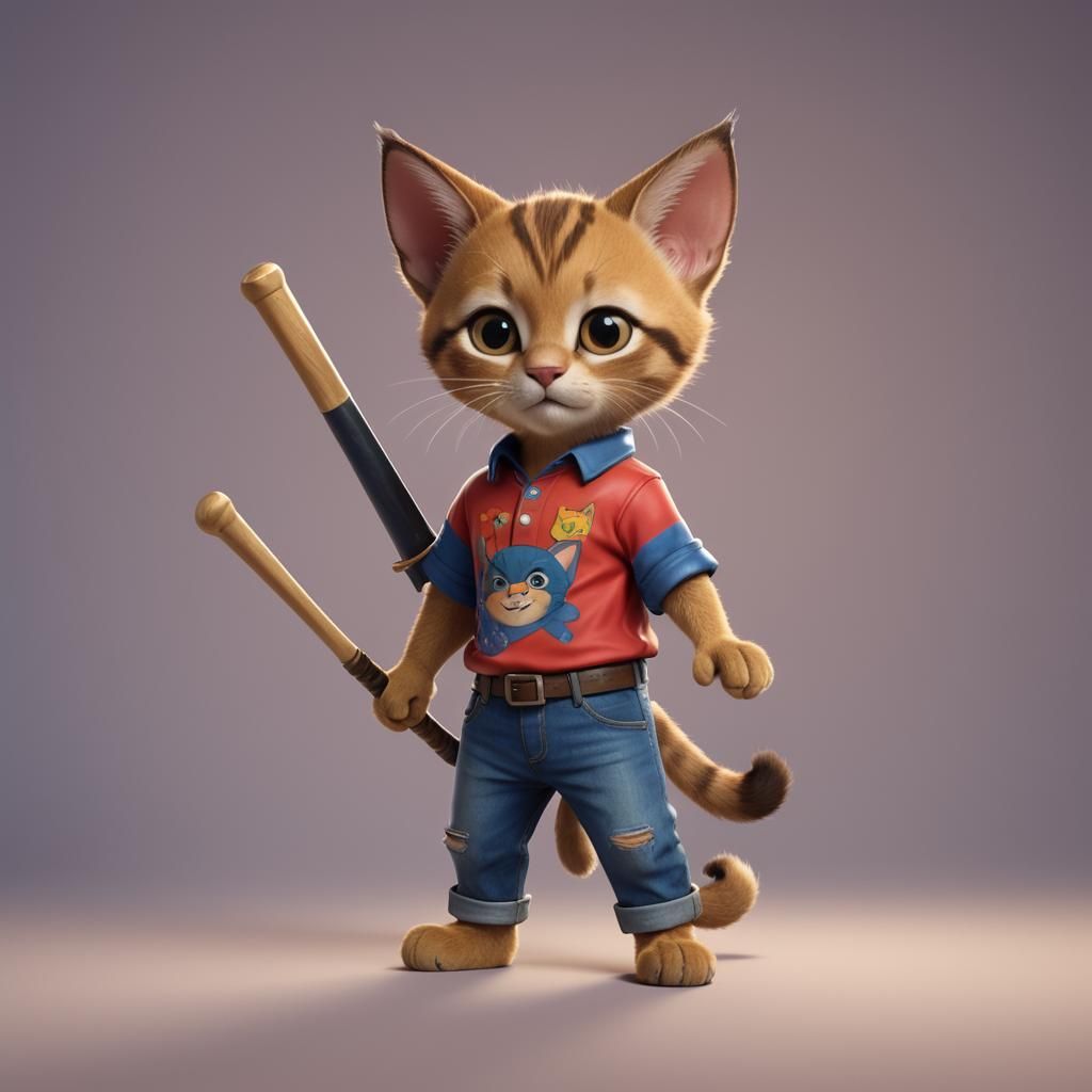 Anthropomorphic Chausie Kitten in Jeans: 3D Digital Art