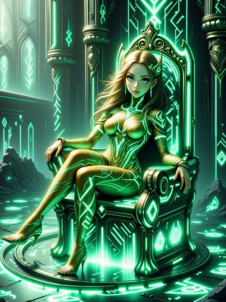 Anime dragon queen sitting on a throne made of green glass. Emerald, gold with aquamarine set in a massive castle. <lora...