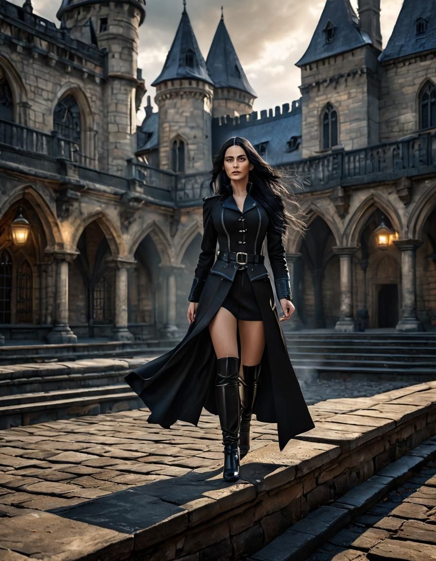 Gothic Woman Conjures Magic on Castle Roof