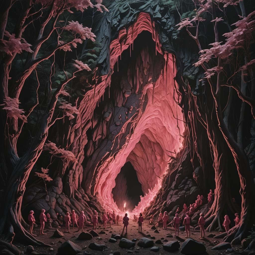 Gigantic Pink Cave Mouth in Dark Forest