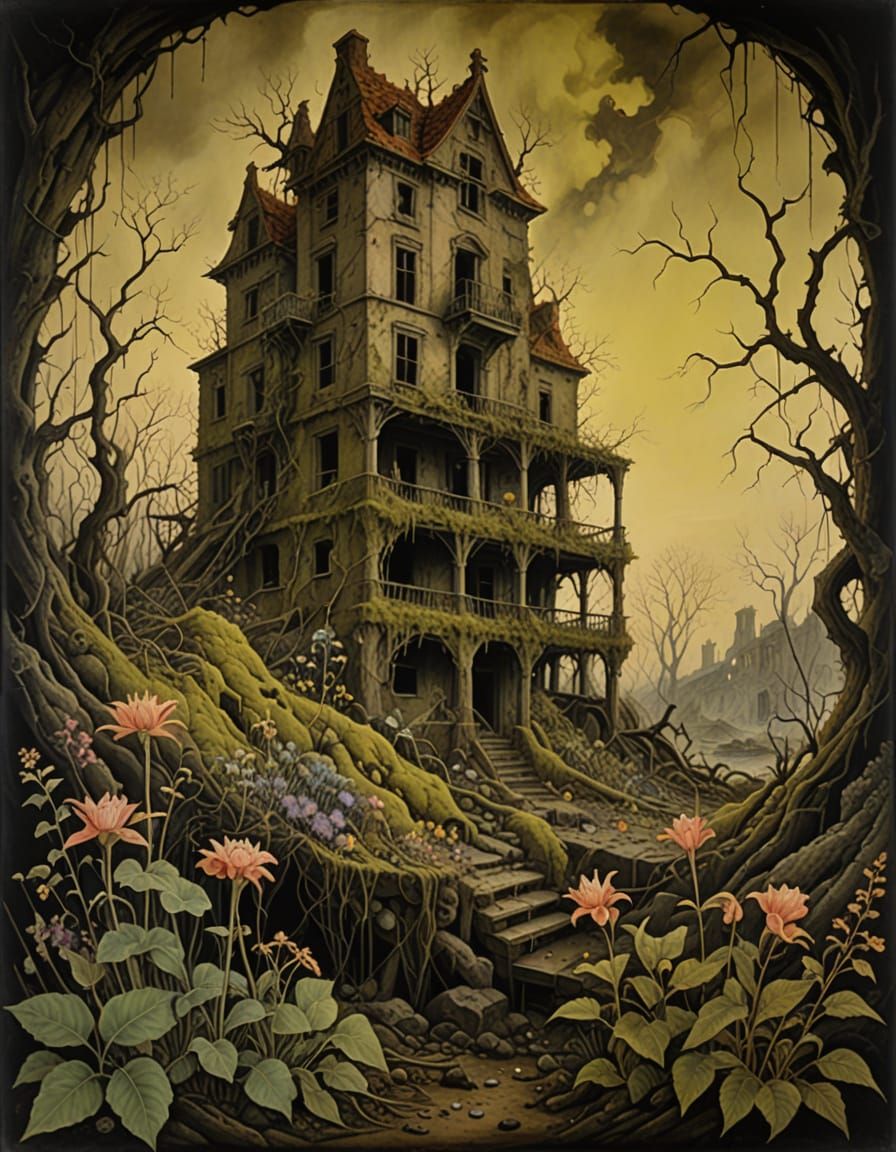 Surreal Decay Overgrown with Wildflowers in Charcoal