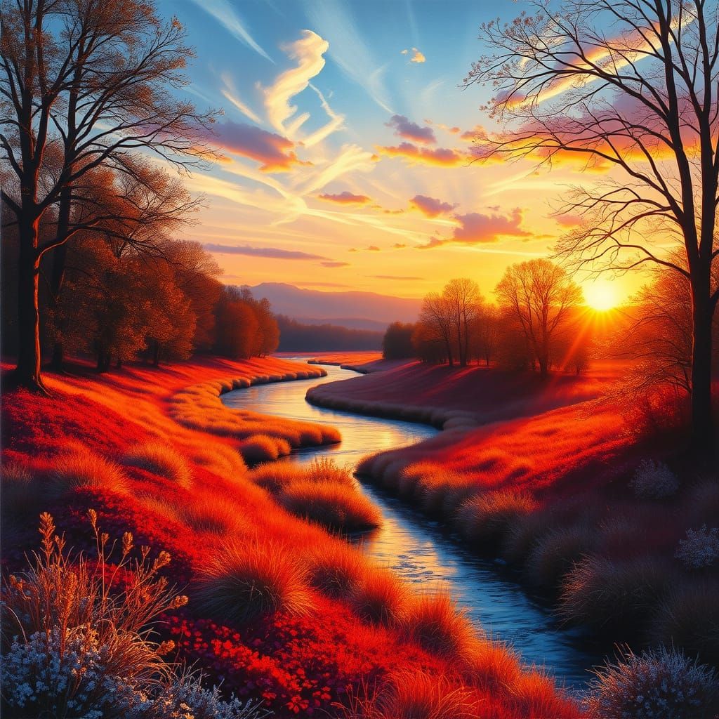 Bathed in the warm glow of a sunrise, a tranquil landscape u...