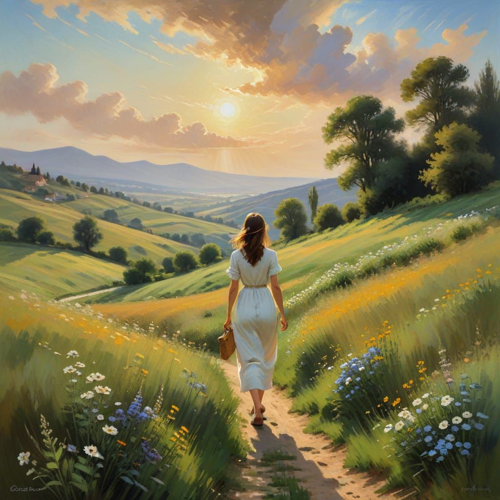 Impressionist Woman Walks in Sunlit French Countryside