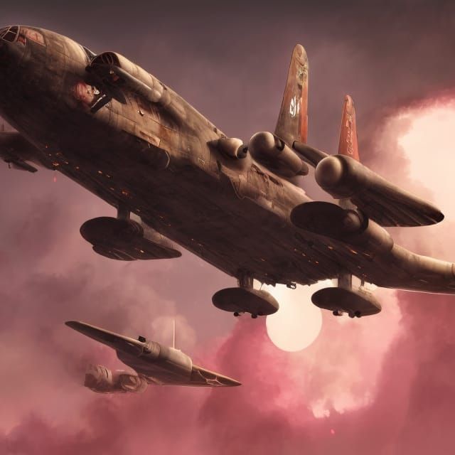 Steampunk B52 Flying Fortress Over Pink Sunset