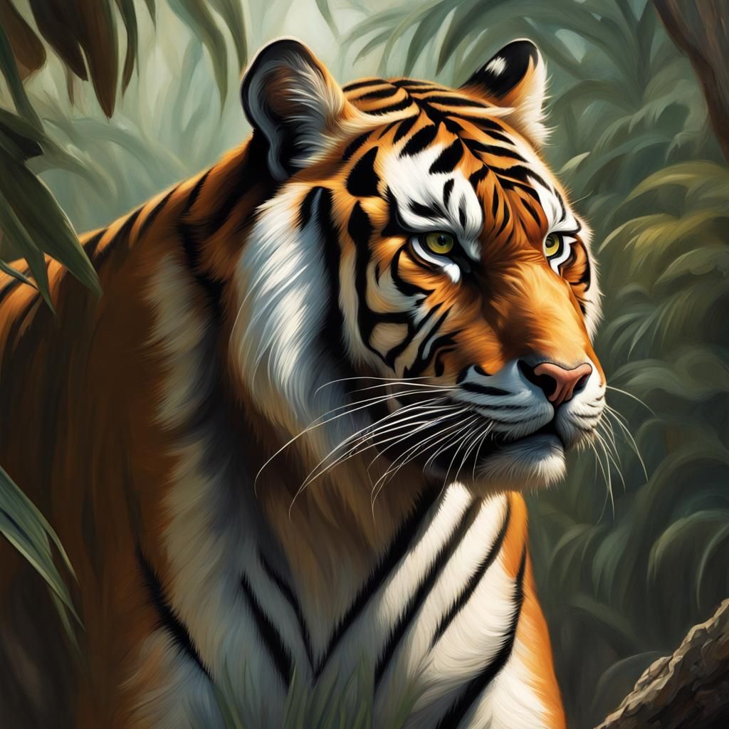 Hyperrealistic Tiger Portrait in Jungle Setting
