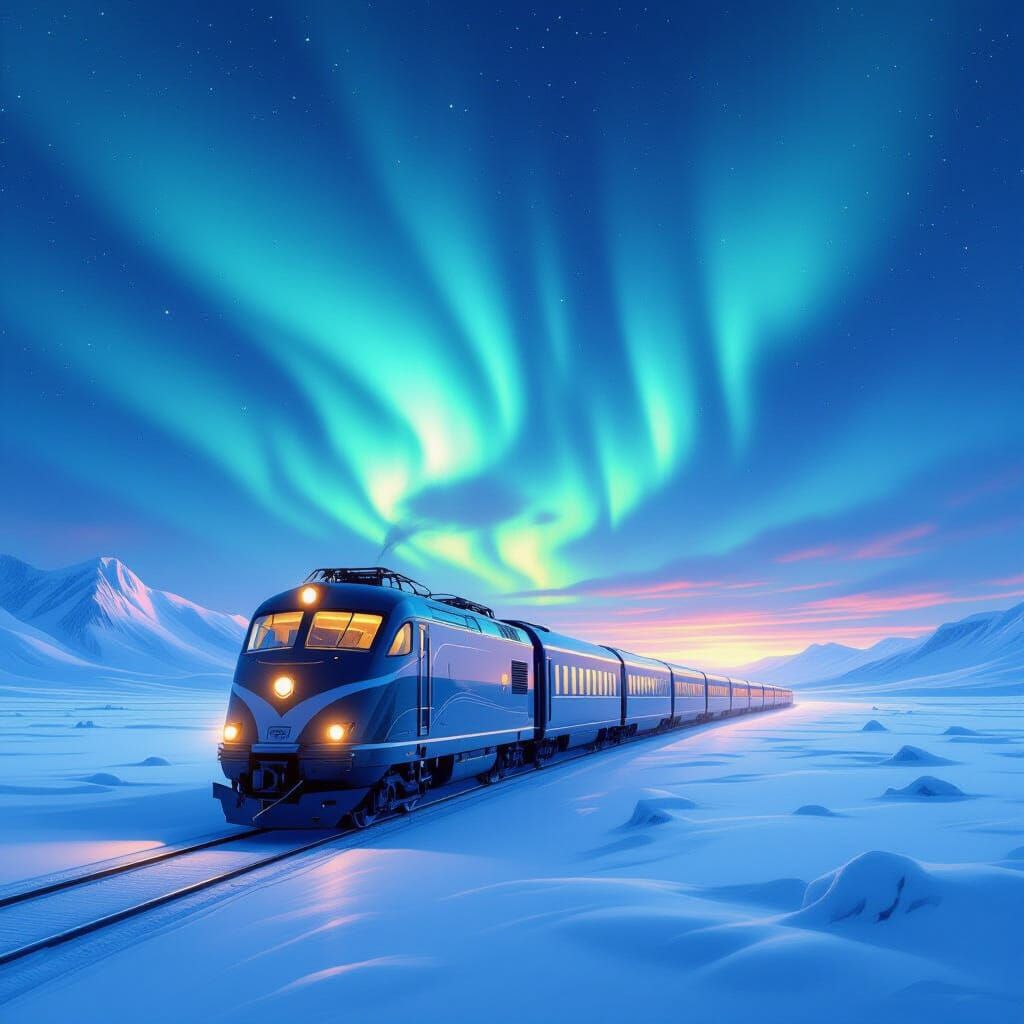 Art Deco Train Crosses Tundra Under Aurora