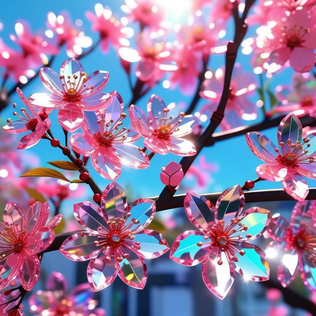 Iridescent Crystal Cherry Blossoms in Jeweled Garden