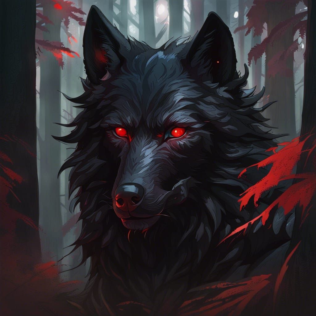 Red-Eyed Black Wolf Portrait in Dark Forest