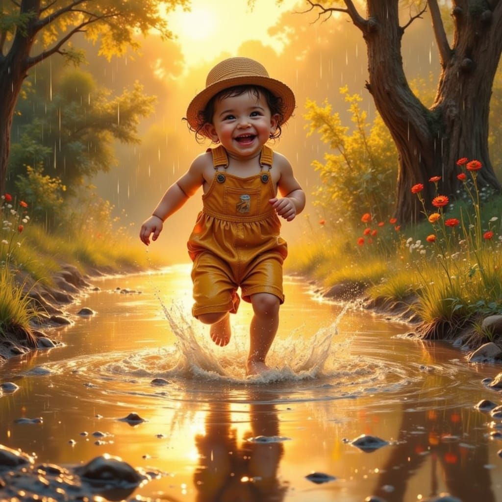 Child Splashing in Puddles: Impressionistic Realism