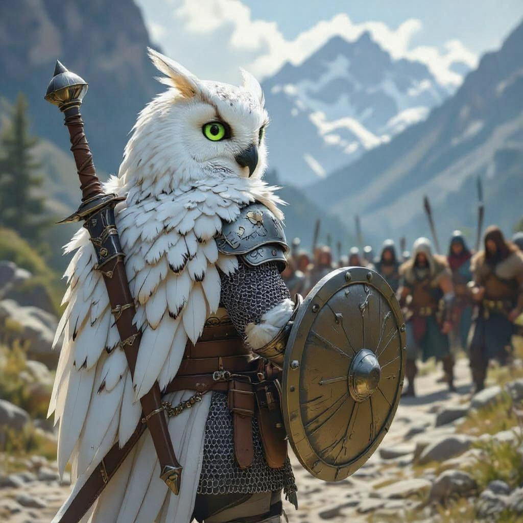 Owl Warrior Faces Bandits on Mountain Trail