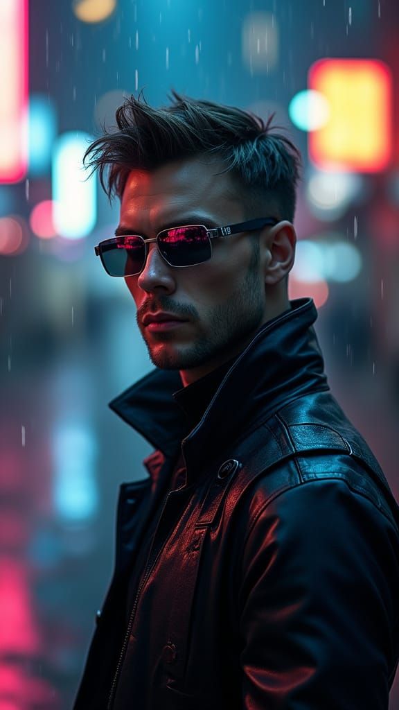 Brooding Male Character in Futuristic Neon Alley