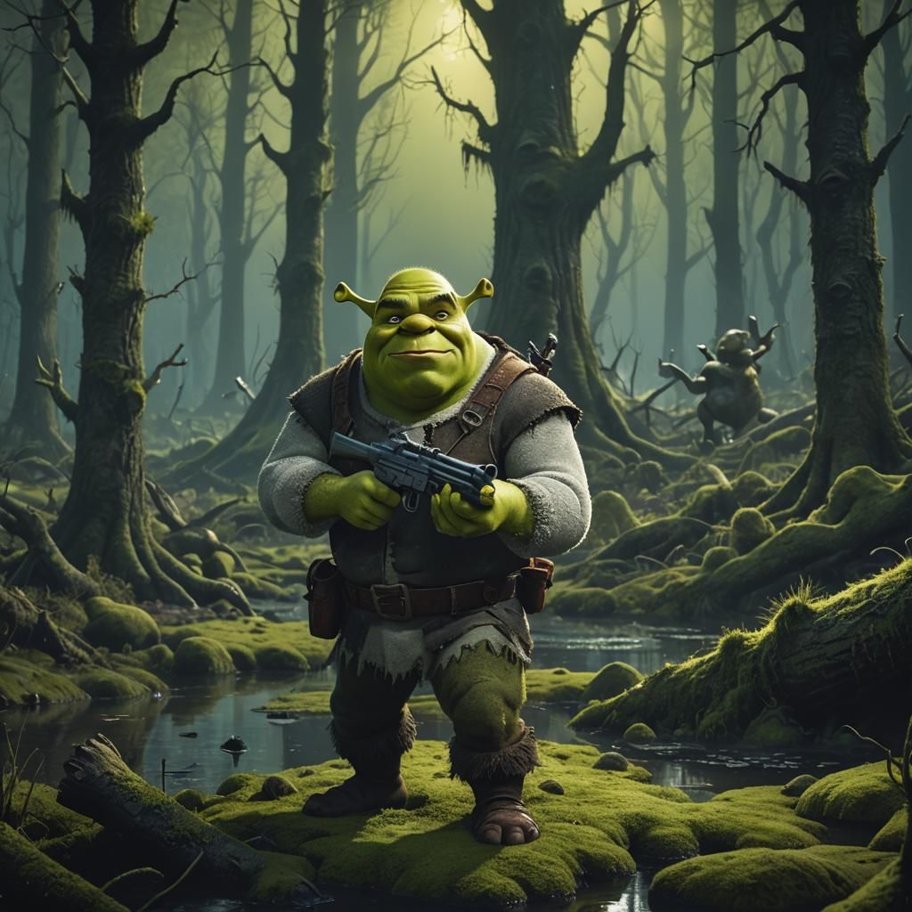 Shrek with a Gun in Swampy Forest