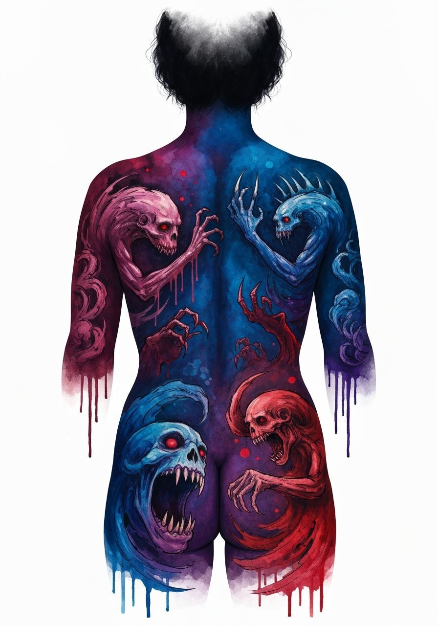 Terrifying Watercolor Full Back Tattoo Art