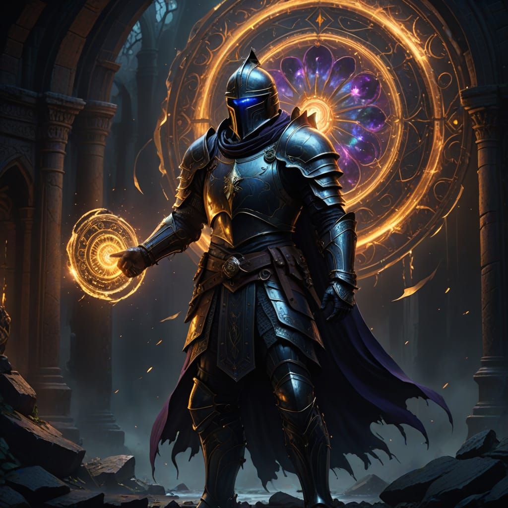 Dark Knight Contemplates Glowing Emblem in Cosmic Vortex