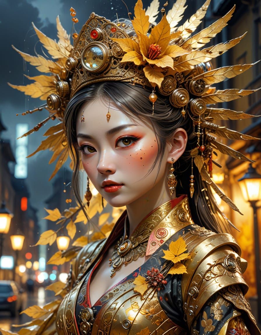 Steampunk Oiran with Crystal Crown in Moonlight