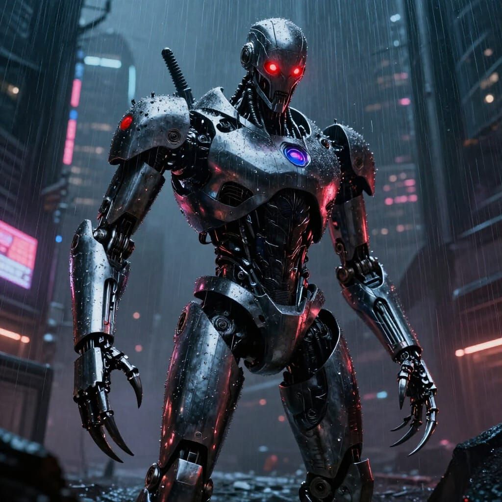 Menacing Evil Robot in Dystopian Cityscape