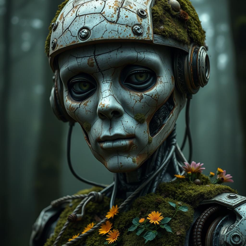 Decaying Android Portrait in Misty Forest