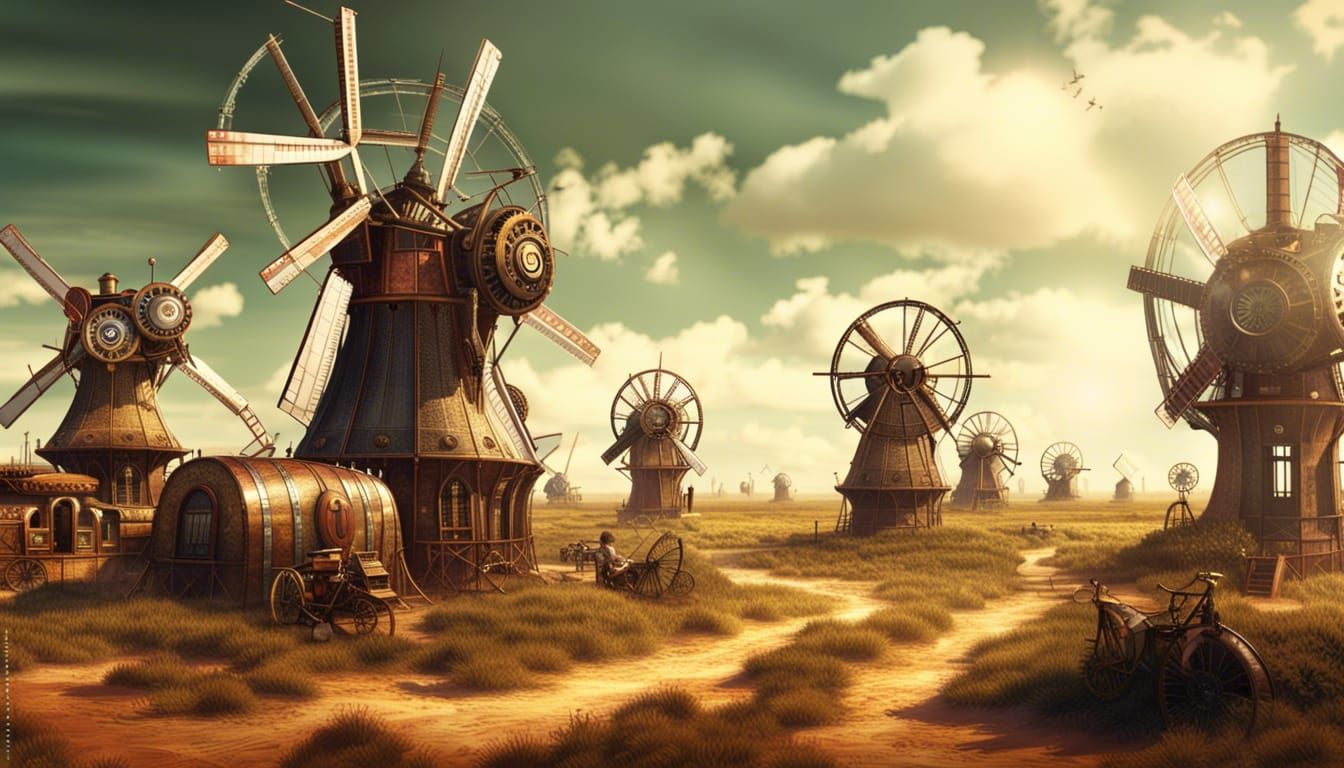 Steampunk Dreamscape: Windmills and Airships in Lush Desert