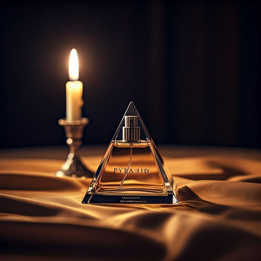 Crystal Pyramid Perfume Bottle on Silk, Cinematic Lighting