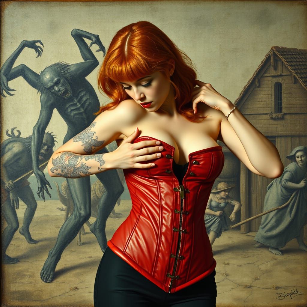 Pin-Up Woman in Latex Corset Amidst Dark Creatures