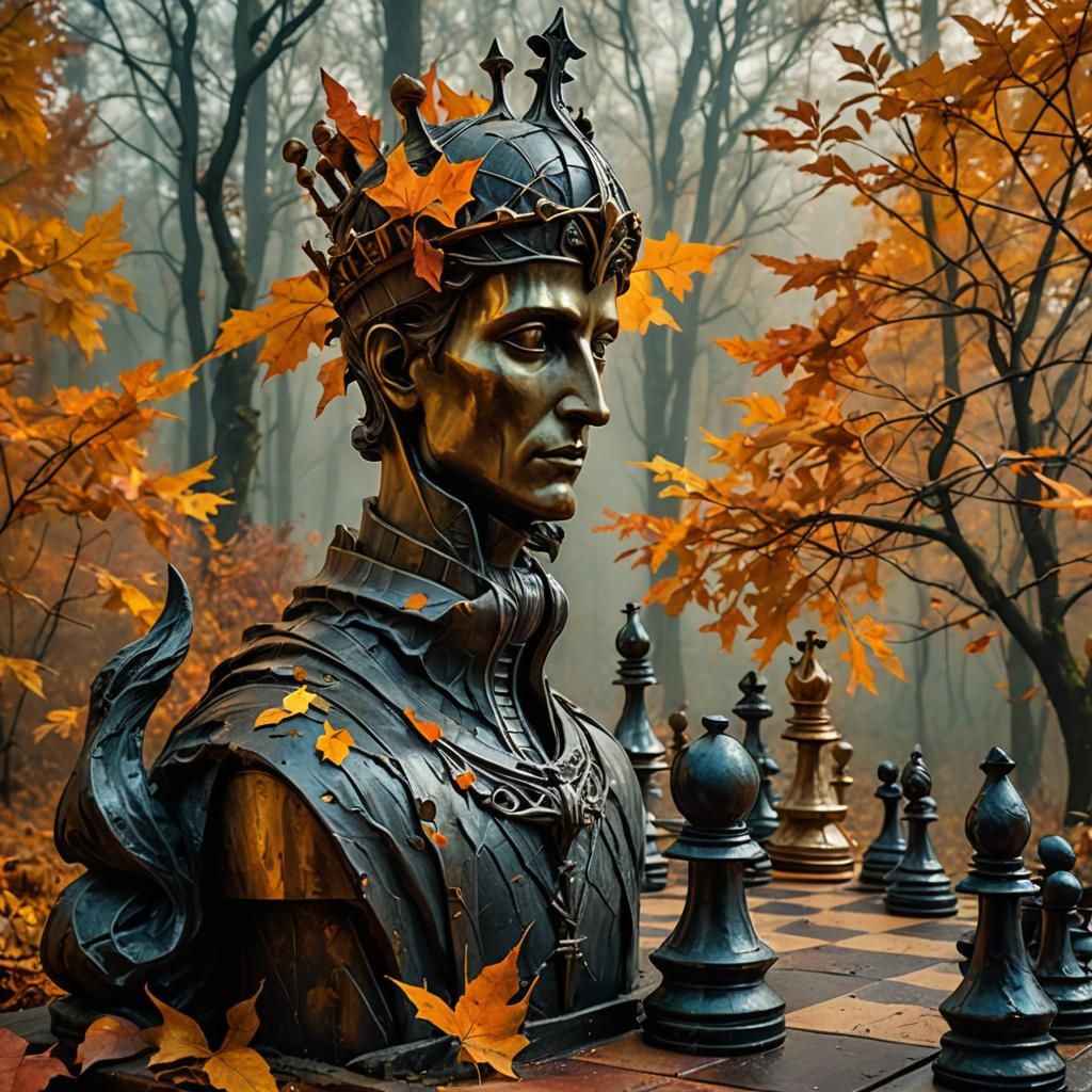 Surrealist Chess Game in Autumn Forest