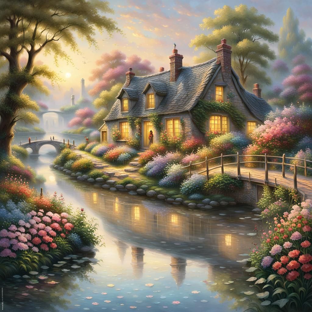 Whimsical Cottage in Serene Fantasy Landscape