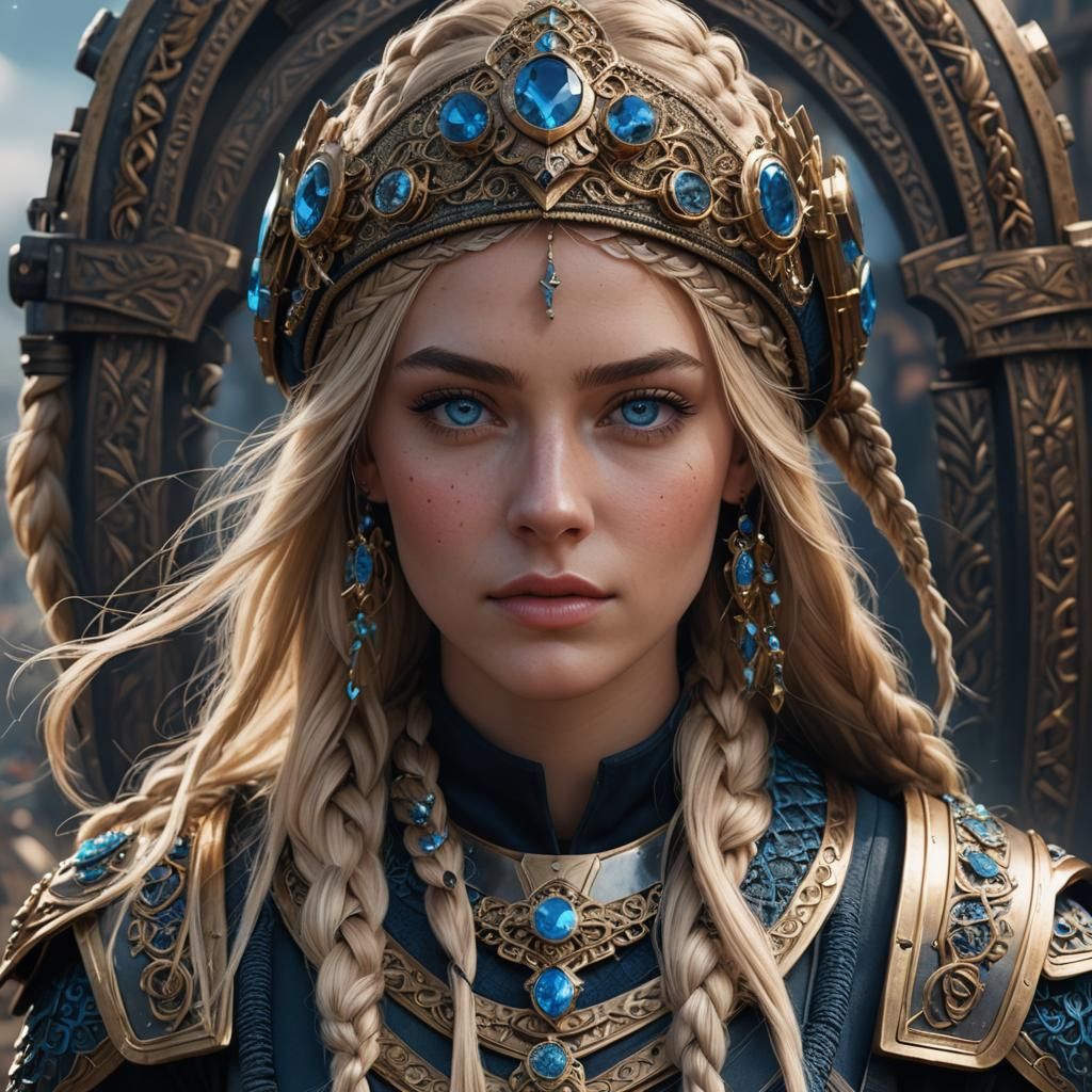 Blonde Girl Portrait with Jeweled Helmet, Detailed Digital A...