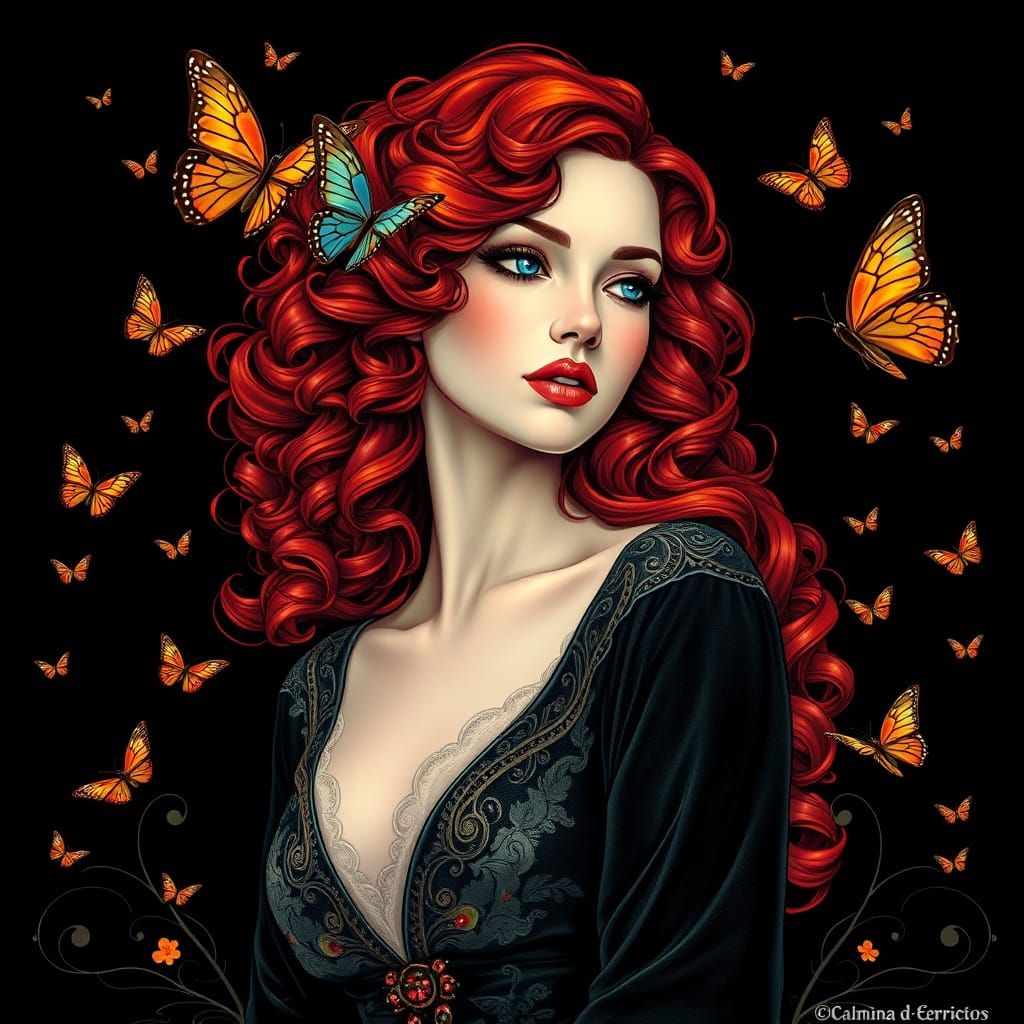 Elegant Redhead with Butterflies in Art Nouveau Style