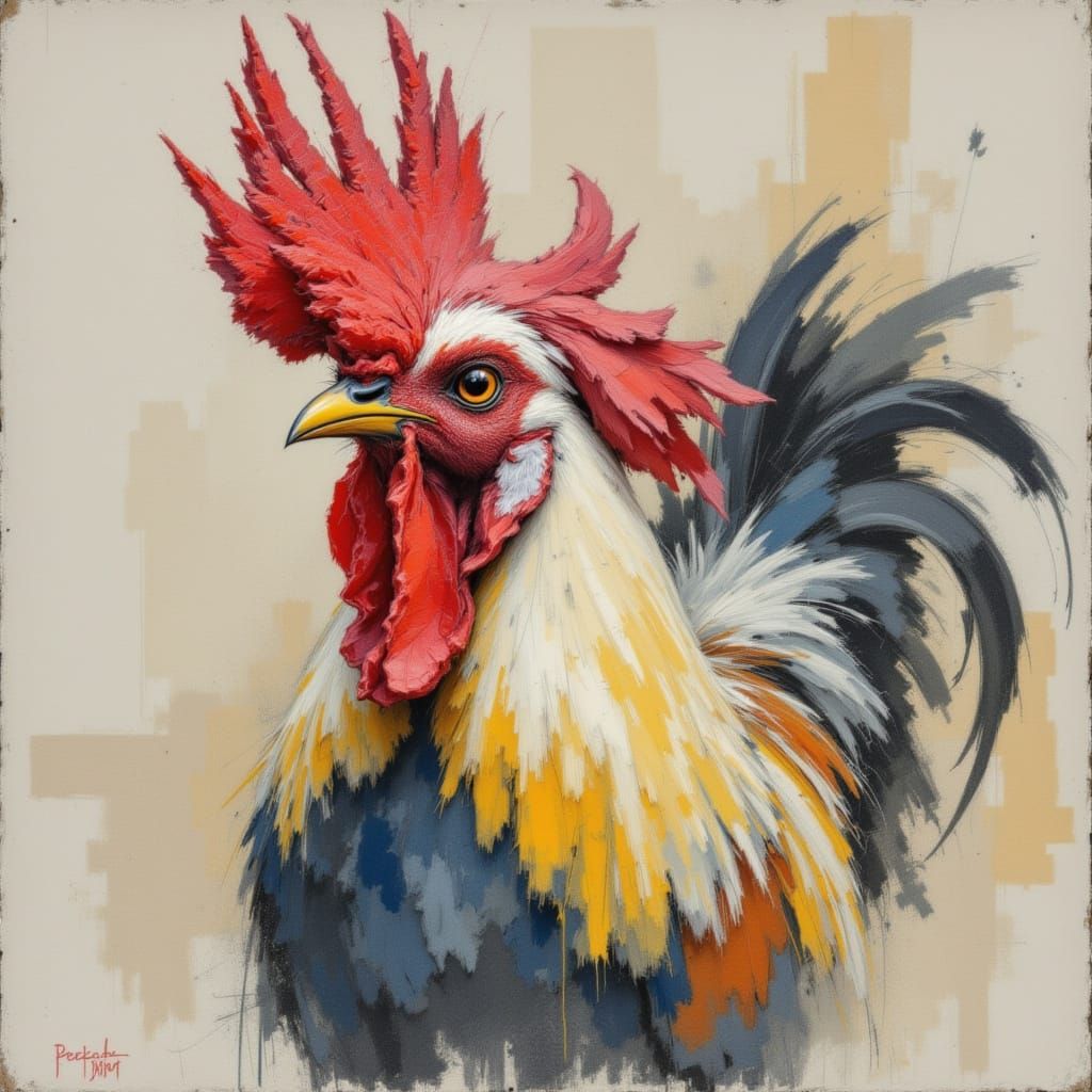 A Rooster Transformed by Vibrant Brushstrokes in Soft Pastel...