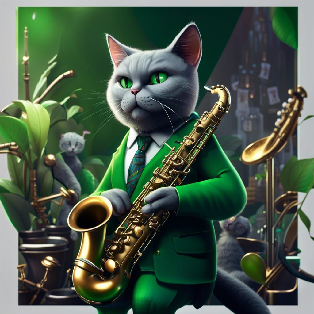 Gray Cat Playing Saxophone in Green Venue