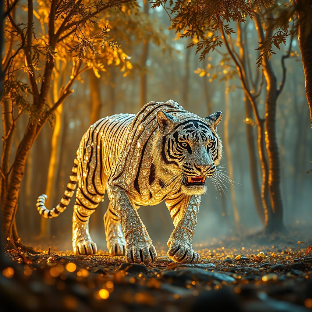 Diamond Tiger in Gold Forest, Cinematic Digital Matte Painti...