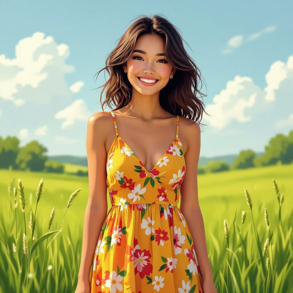 Smiling Woman in Meadow: Photorealistic Art Style
