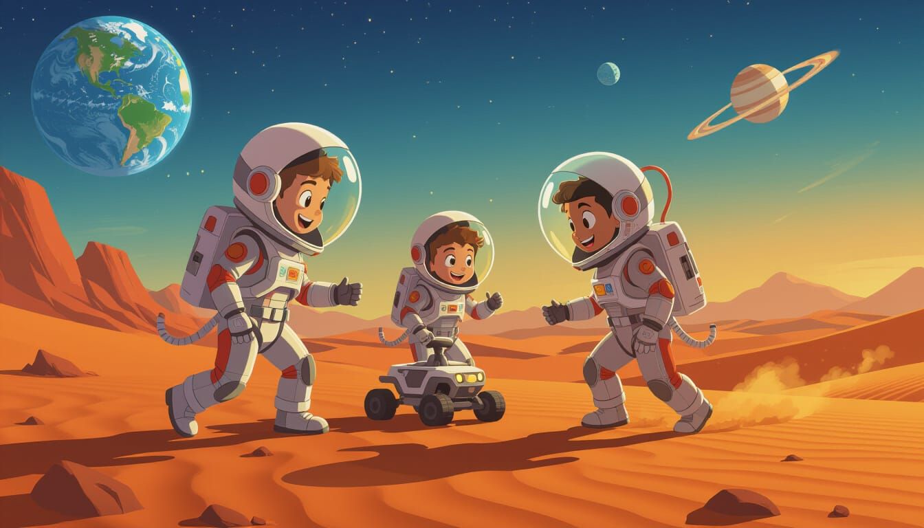 Martian Children Chase Rover in Cartoon Style