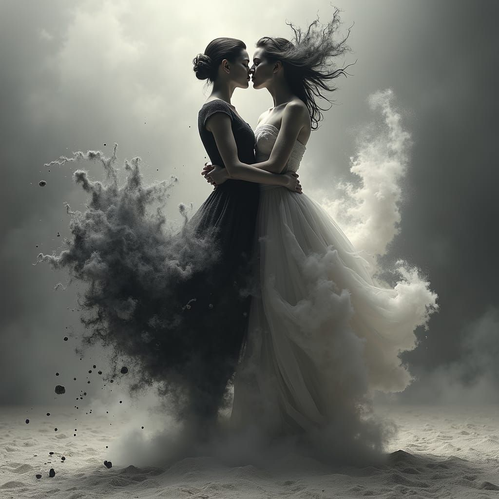 Sand Sculpture of Embracing Figures in Motion