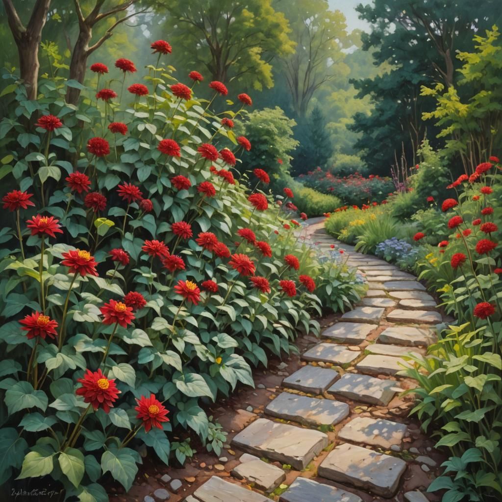 Dahlia Garden Stone Path in Oil Painting Style