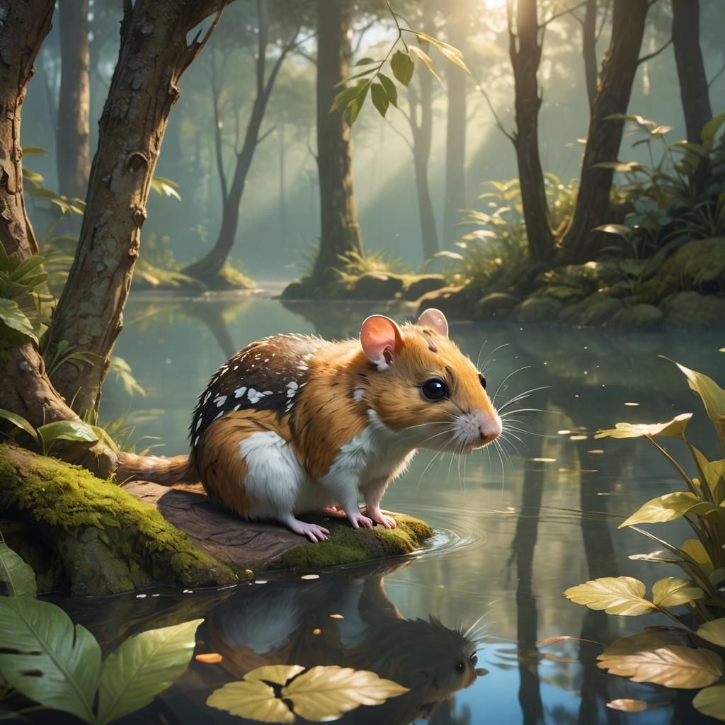 Hamster-Quoll Hybrid Sipping Water at Lake Edge