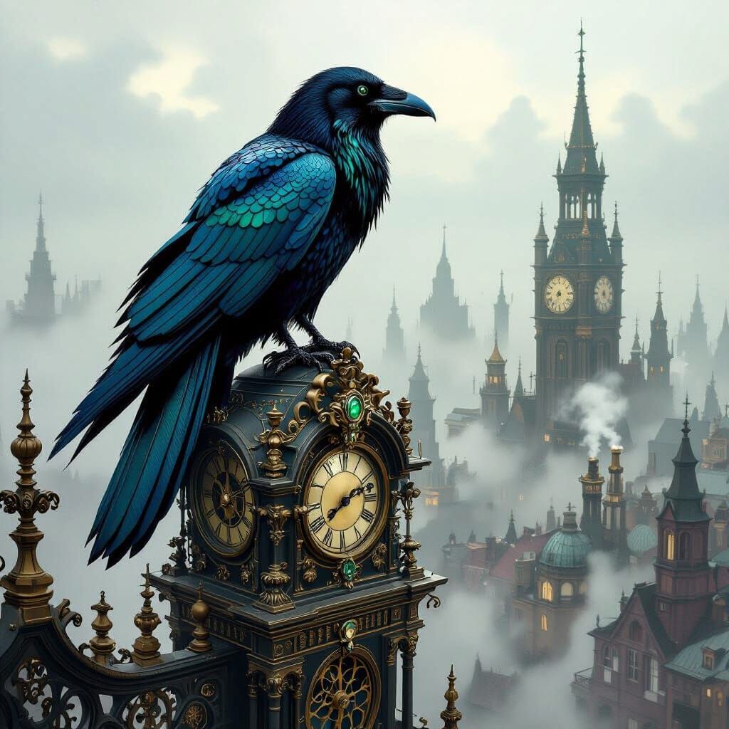 Emerald Raven Observes Steampunk City in Art Nouveau Style