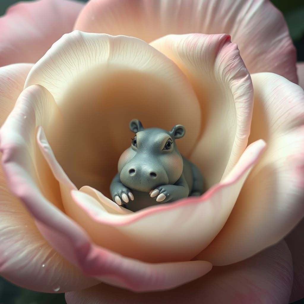 Tiny Hippo in Giant Rose, Storybook Illustration Style