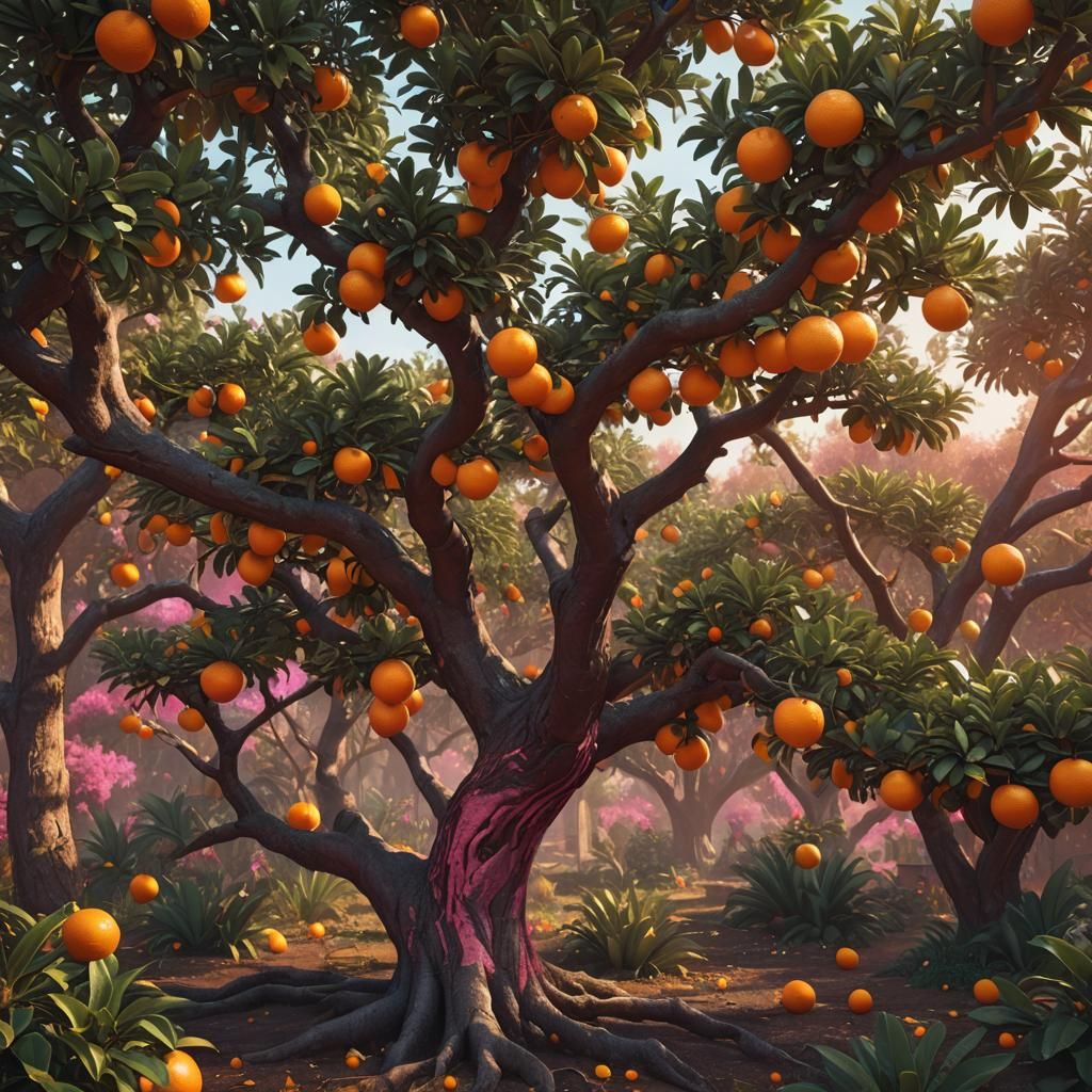 Vibrant Pink Orange Tree: Digital Matte Painting