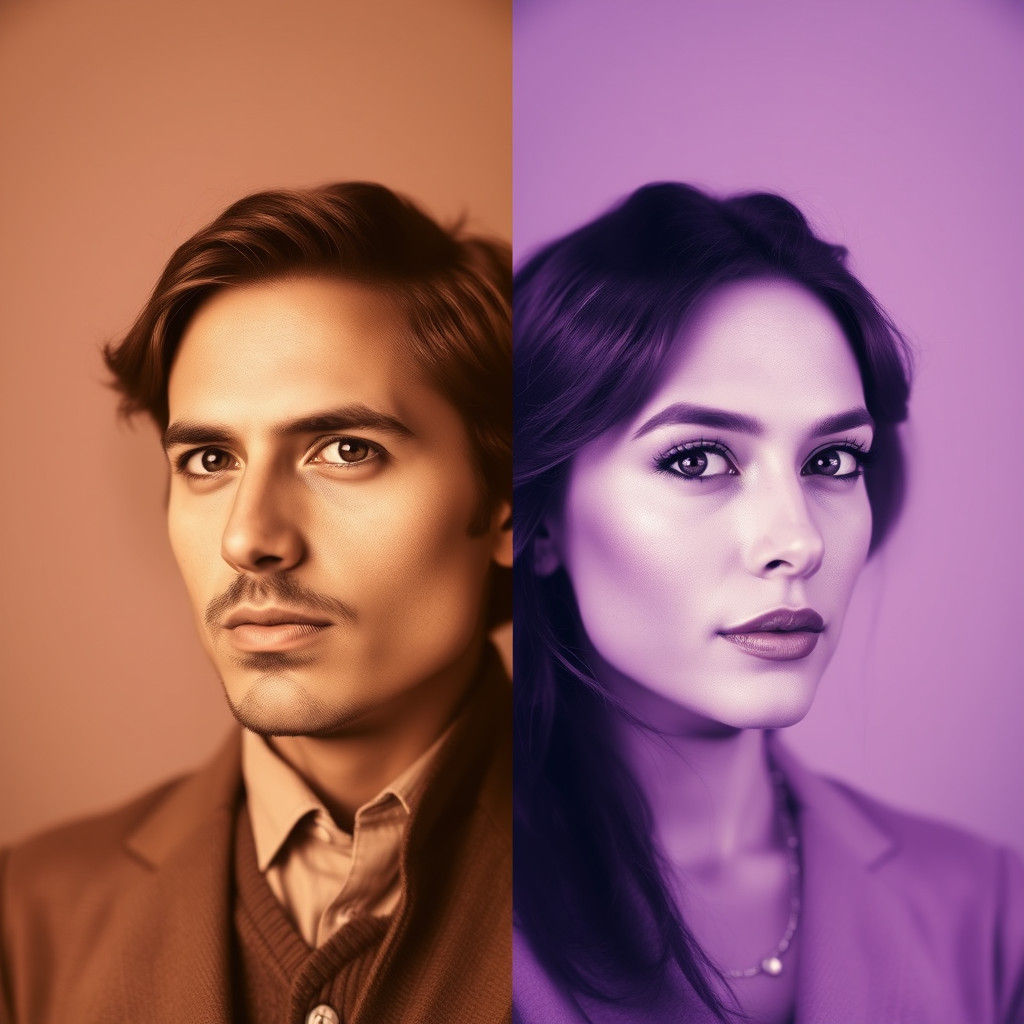 Split Portrait: Sepia Man and Purple Woman