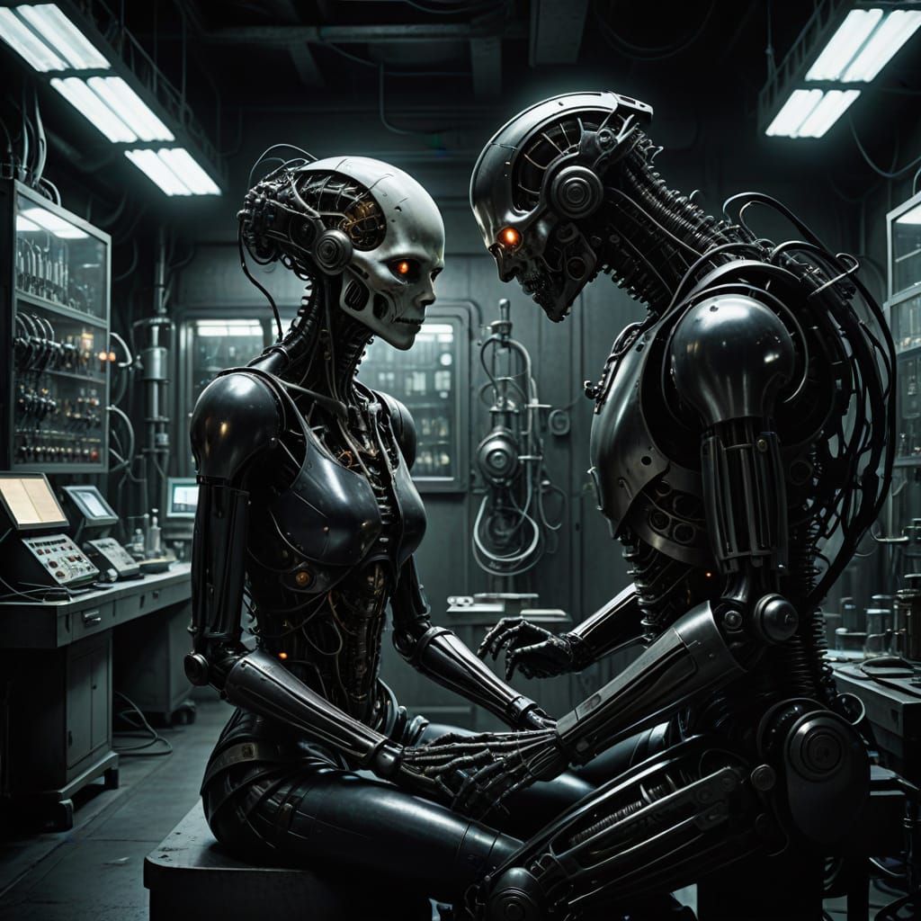 Cyborg Creation in Dark Surrealism Style