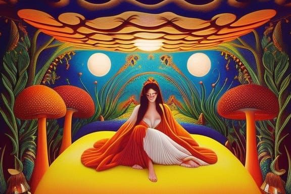 Surreal Woman in Sun and Moon Bed