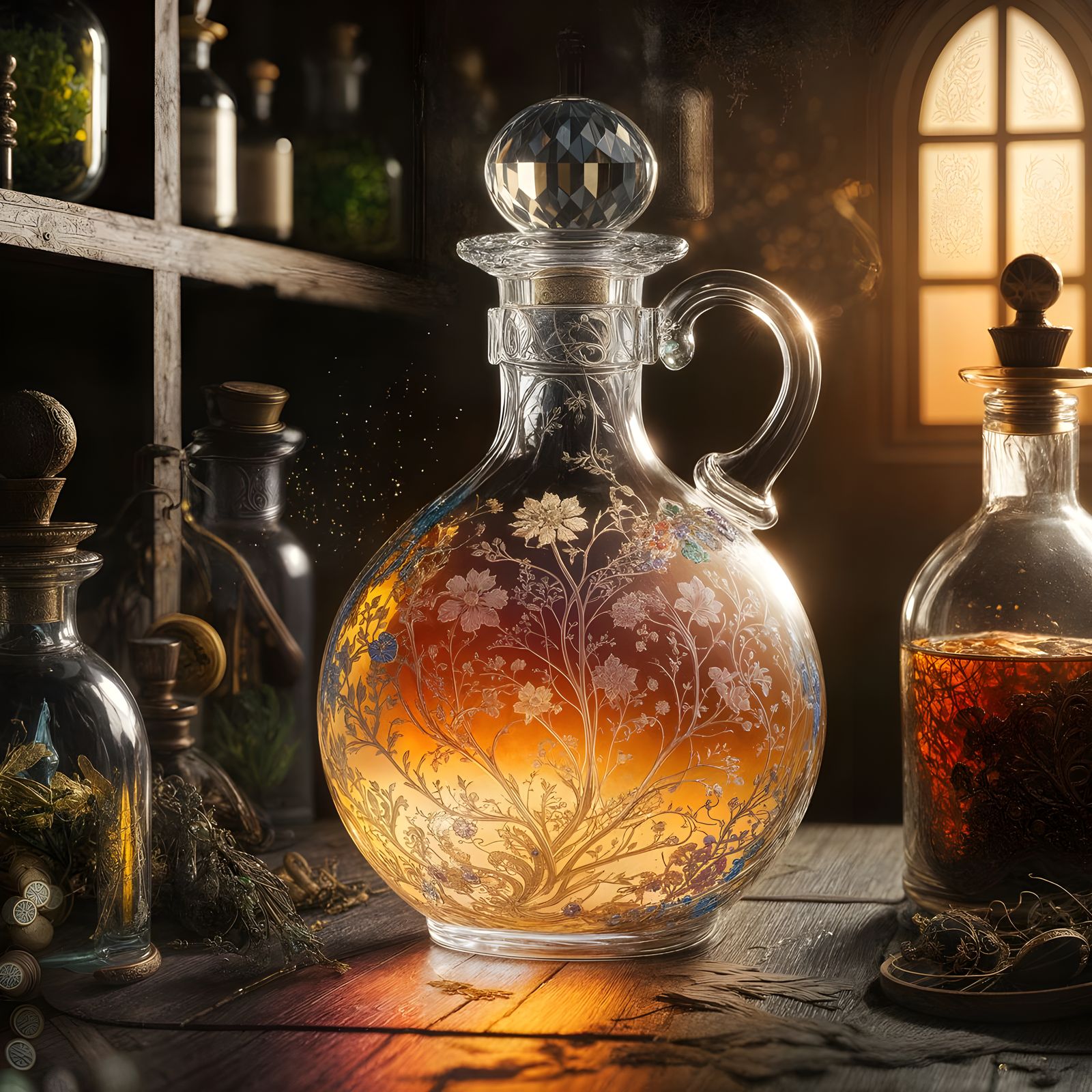 Glowing Potion Bottle in Medieval Apothecary