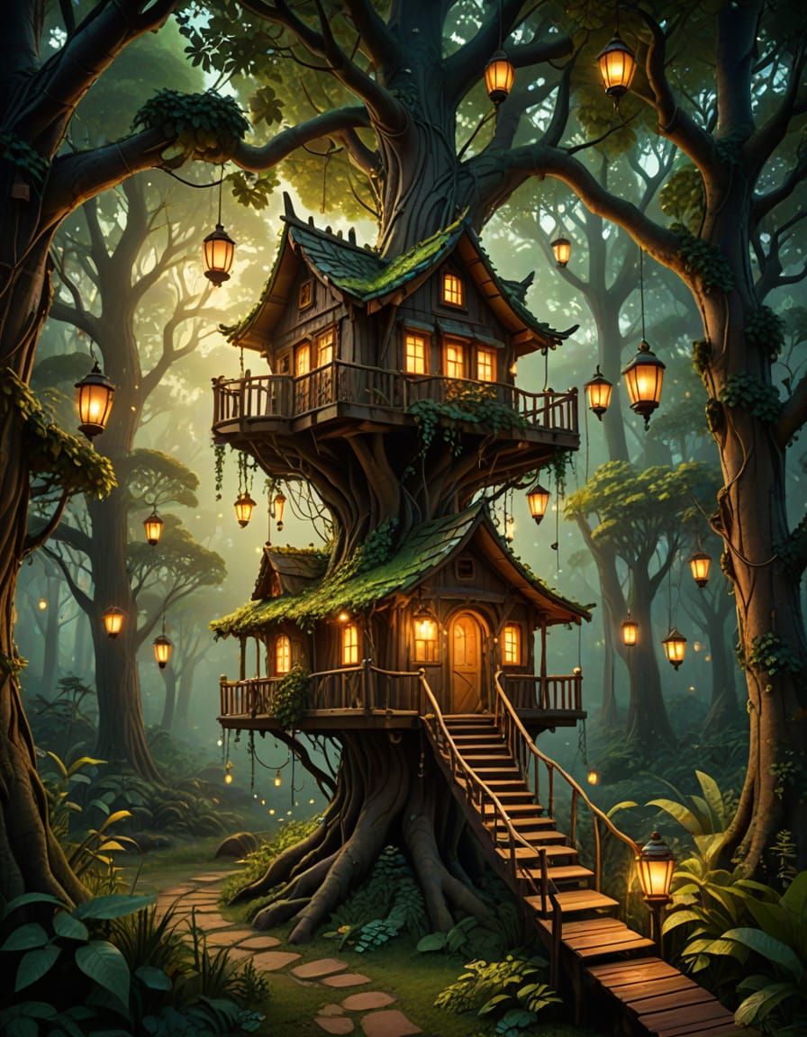 Whimsical Treehouse Amidst Lush Forest