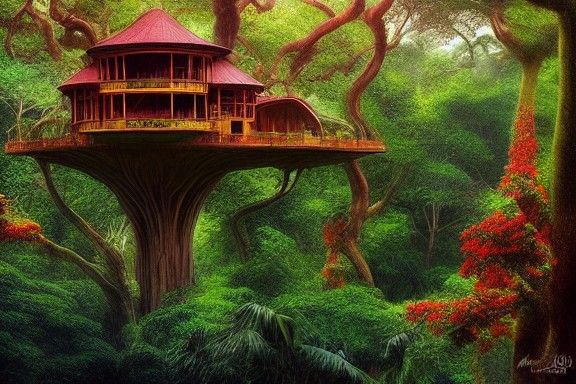 Extravagant Tropical Treehouse in Dreamy Galaxy Style