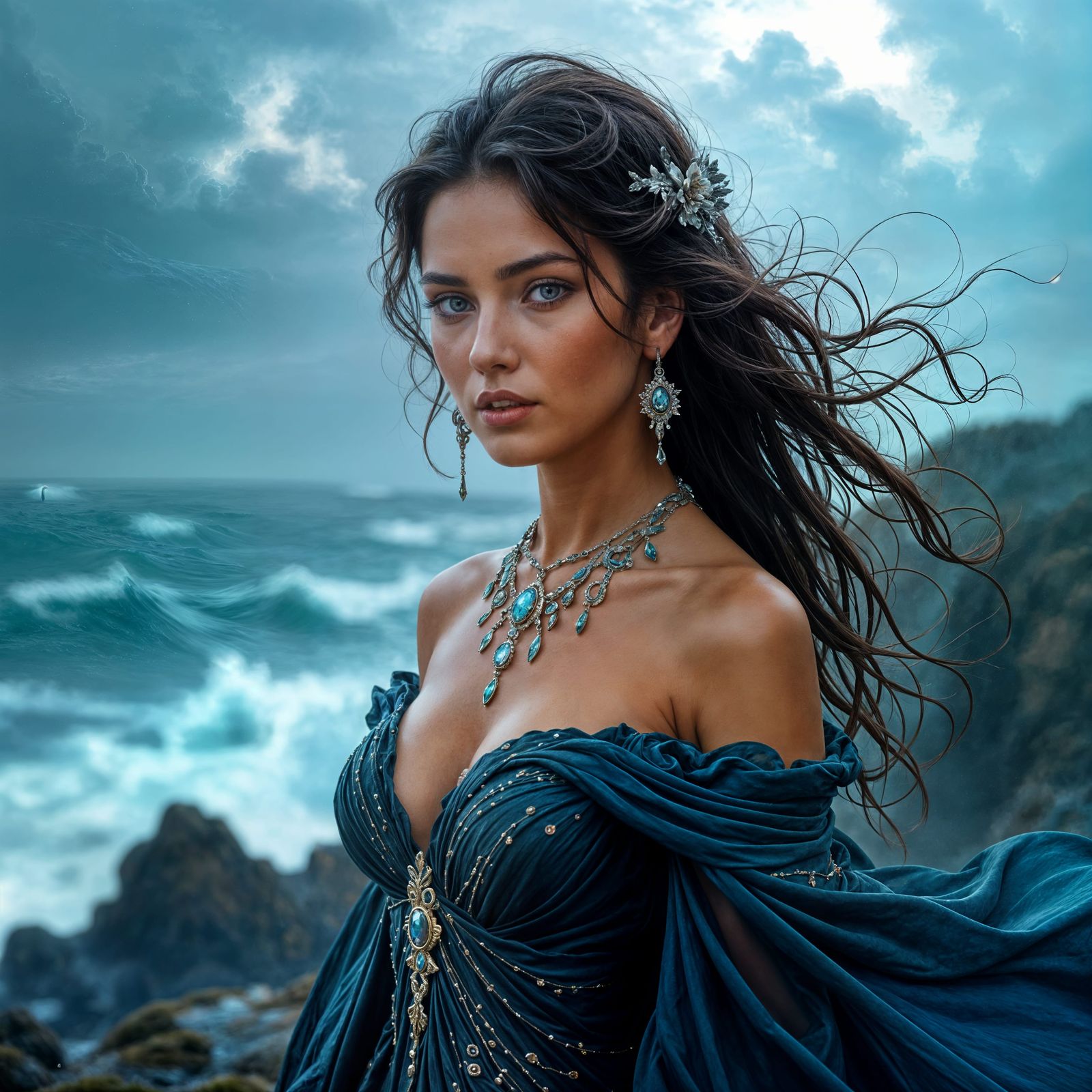 Young Woman on Windswept Cliff Overlooking Alien Ocean