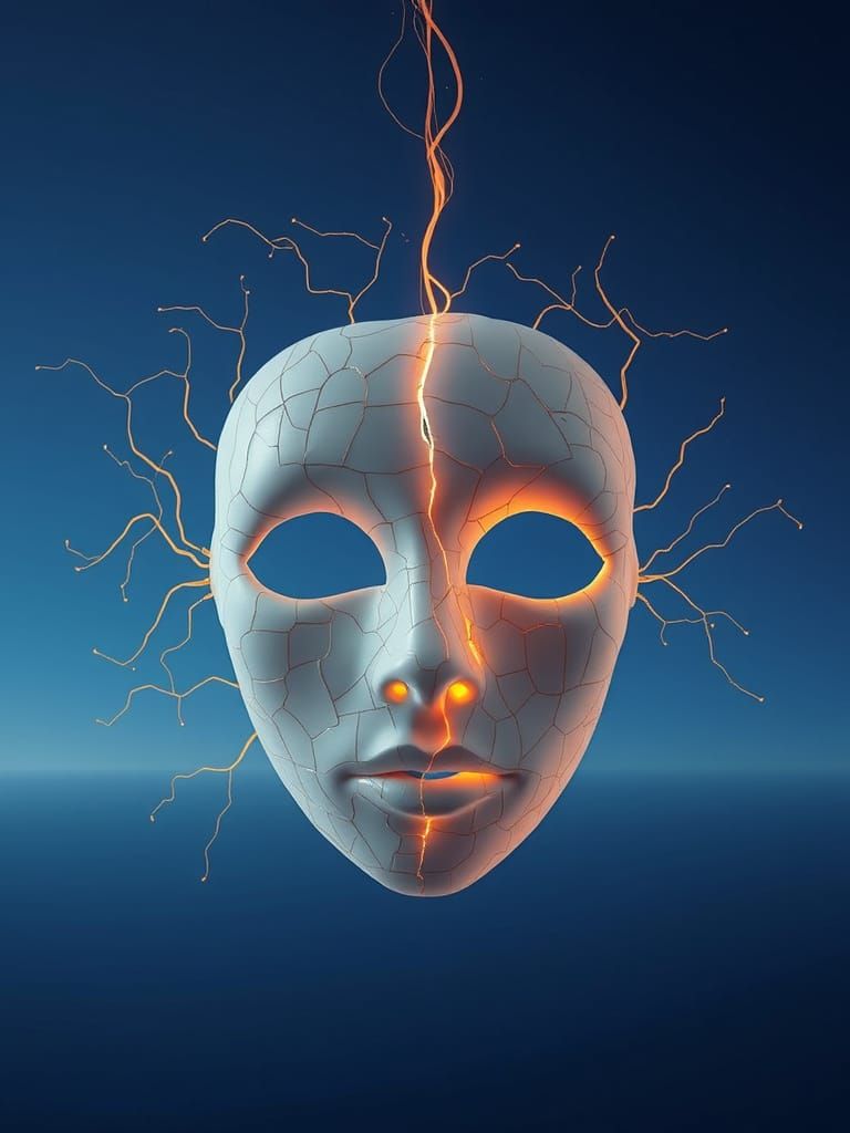 Ethereal Porcelain Mask Radiates Hope in Cosmic Blue